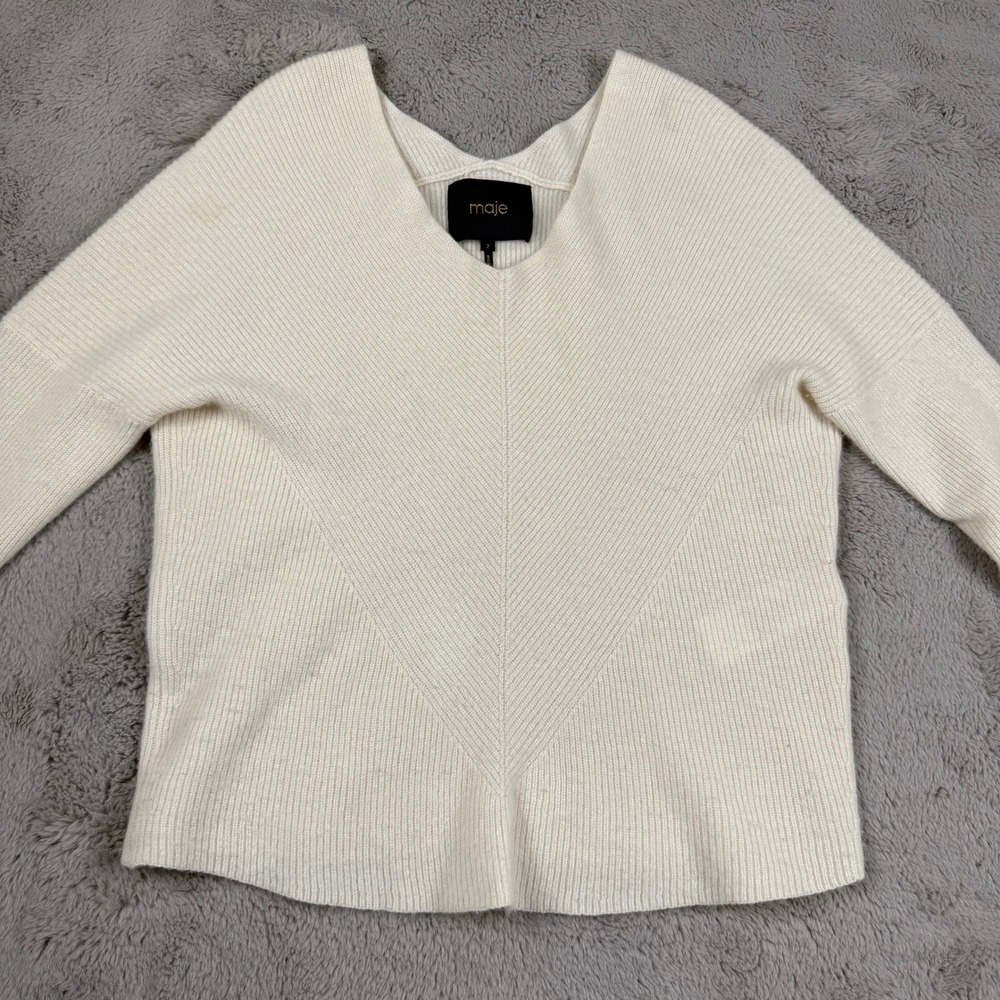 Maje Cashmere Sweater V-Neck Ribbed Jumper Knit Pullover Cream Size M Designer - Picture 10 of 10